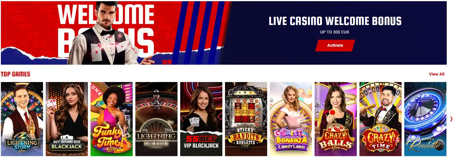 55Bet live casino velkomstkampanje og dealer spill.